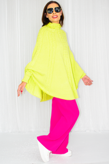 Poppy Turtle Neck Poncho Style Fine Knit in Vibrant Lime