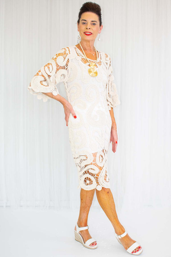 Clara Crochet 3/4 Sleeve Dress in Beige
