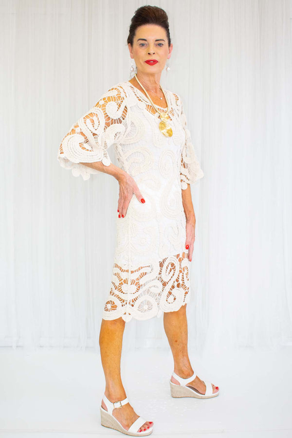 Clara Crochet 3/4 Sleeve Dress in Beige