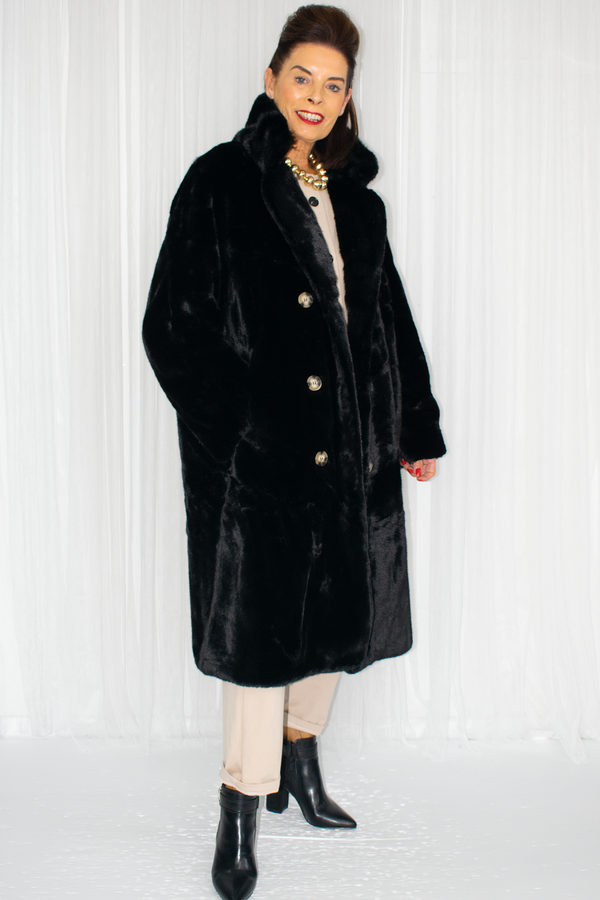 Carmello Plush Faux Fur Longline Coat in Black