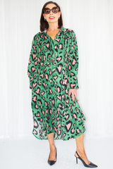 Renee Button Through Shirt Dress in Green/Pink