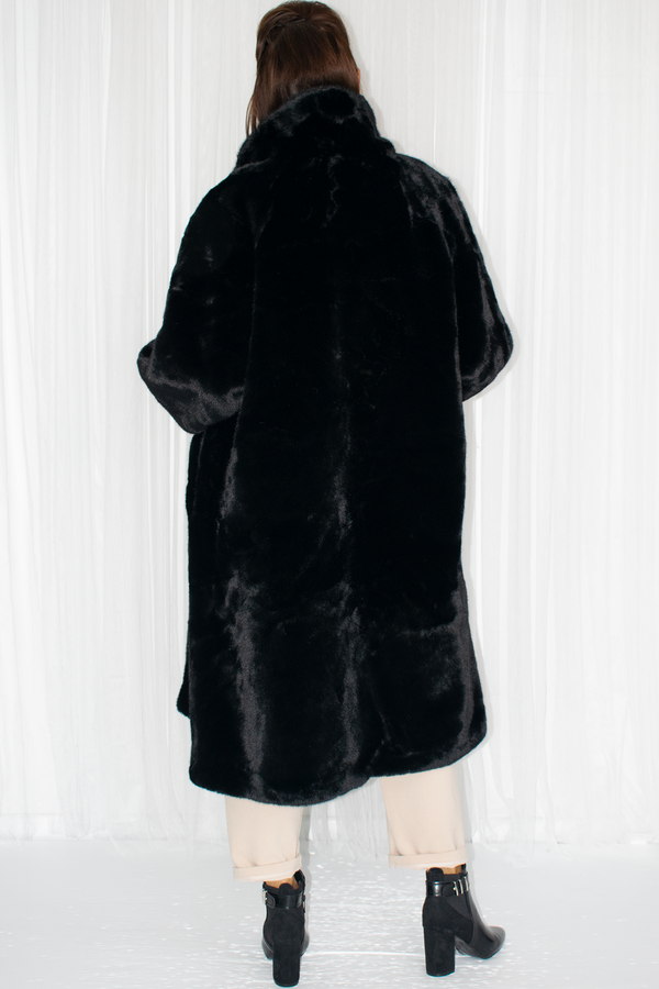 Carmello Plush Faux Fur Longline Coat in Black