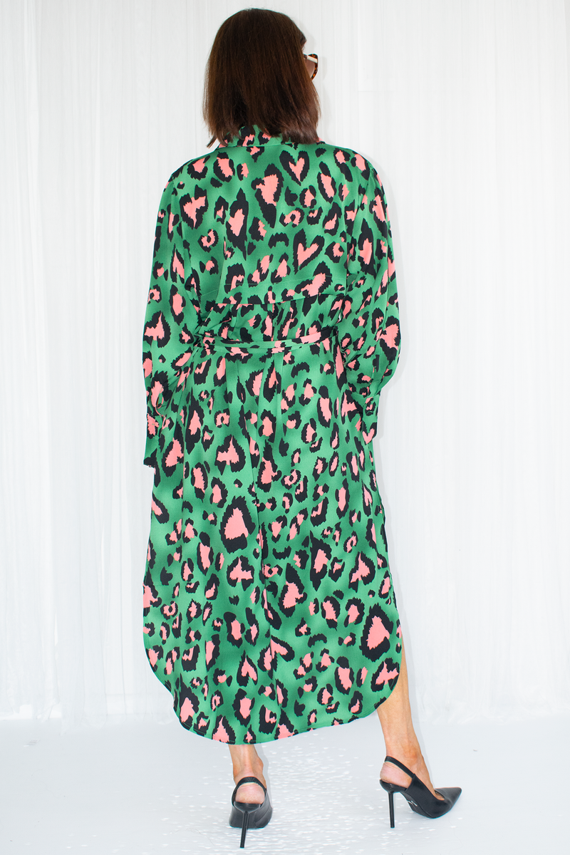 Renee Button Through Shirt Dress in Green/Pink