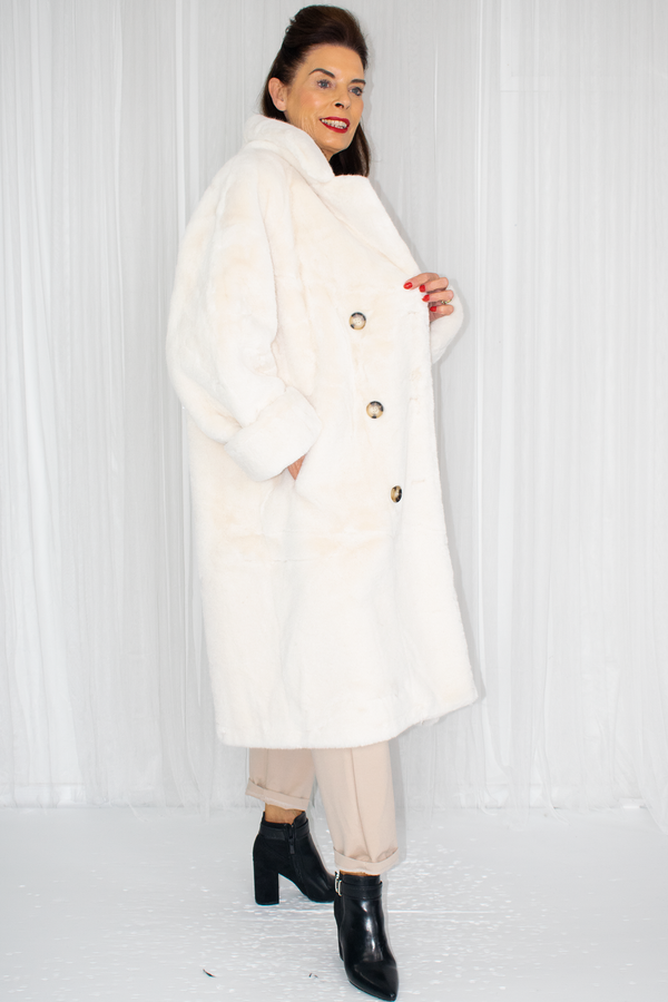 Carmello Plush Faux Fur Longline Coat in Cream