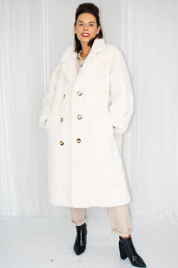 Carmello Plush Faux Fur Longline Coat in Cream