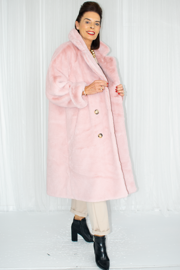 Carmello Plush Faux Fur Longline Coat in Blush