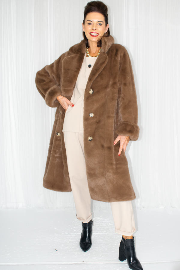 Carmello Plush Faux Fur Longline Coat in Chocolate