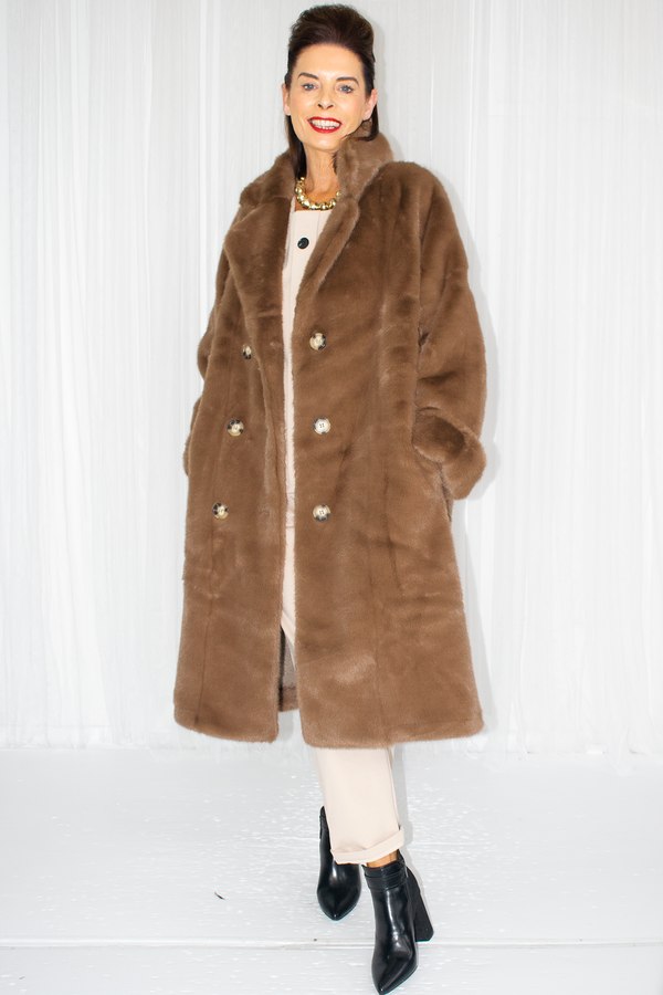 Carmello Plush Faux Fur Longline Coat in Chocolate