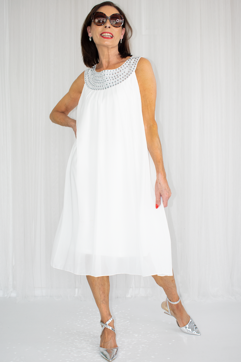 Sleeveless Chiffon Embellished Neck Dress in White