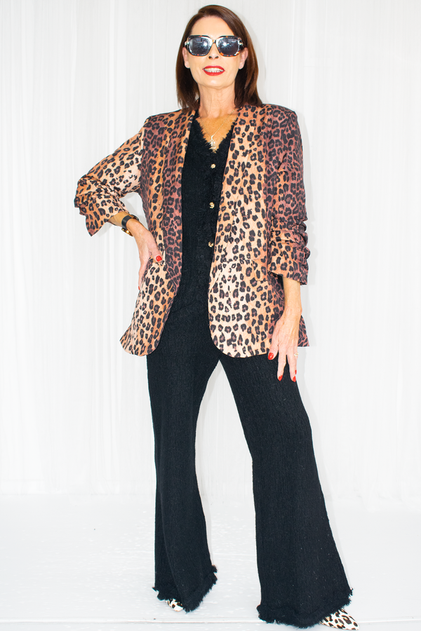 Lena Leopard Print Ruched Sleeve Blazer