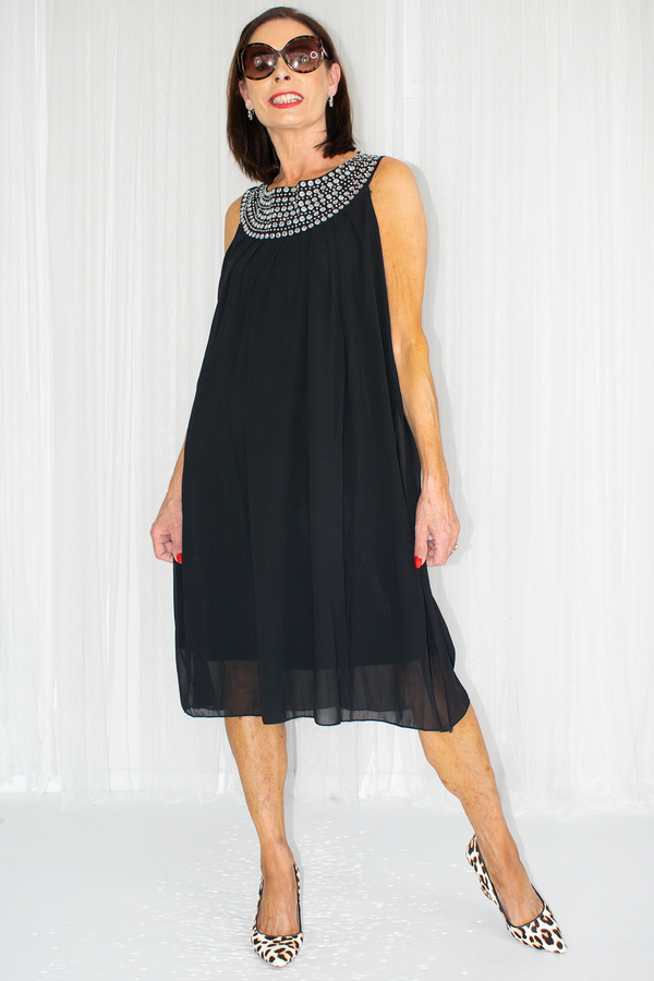 Sleeveless Chiffon Embellished Neck Dress in Black