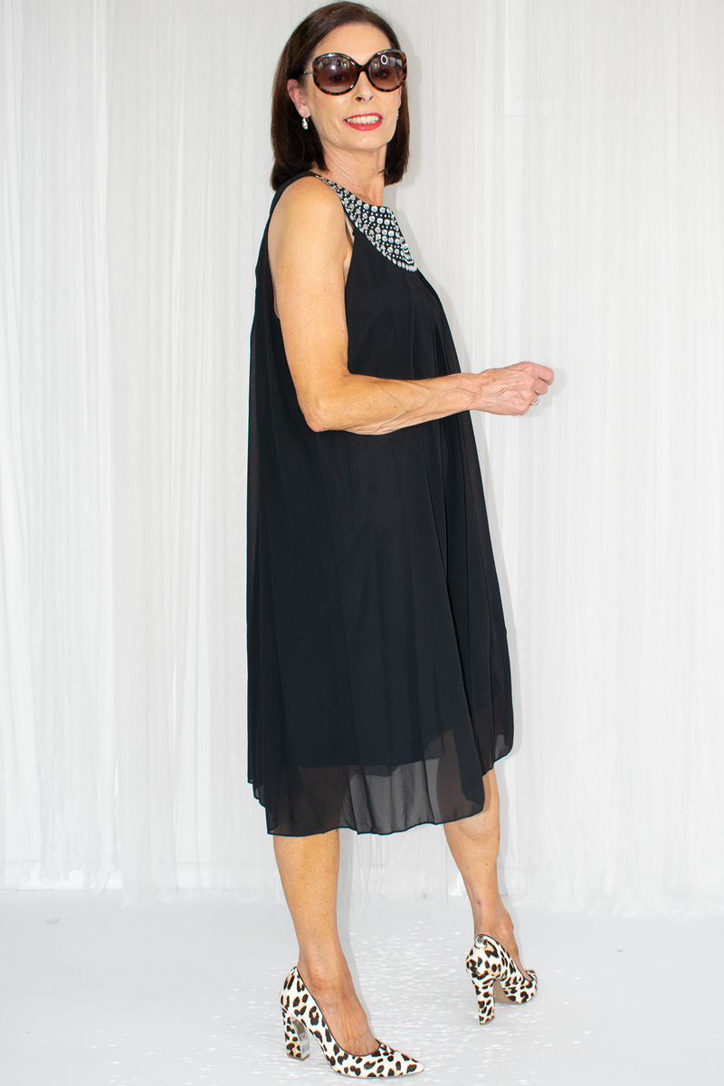 Sleeveless Chiffon Embellished Neck Dress in Black