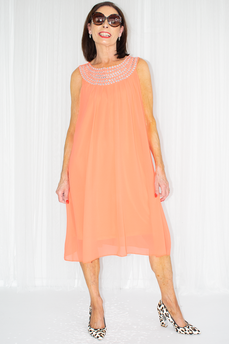 Sleeveless Chiffon Embellished Neck Dress in Coral