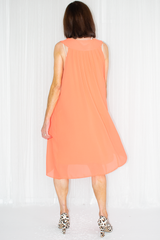 Sleeveless Chiffon Embellished Neck Dress in Coral