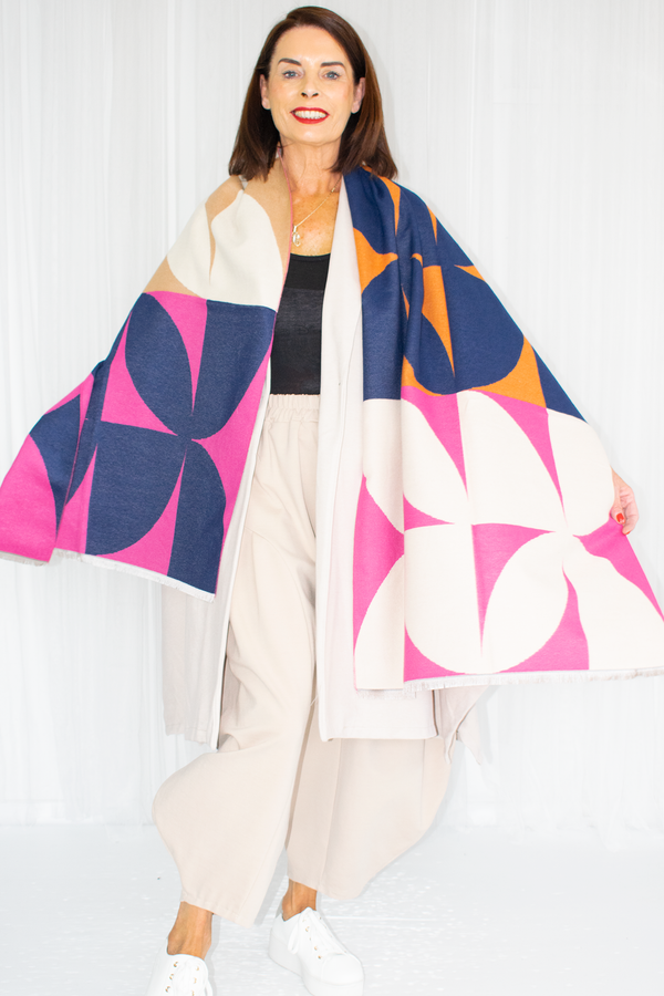 Multi Tone Geometric Print Scarf in Pink/Orange/Blue Tones