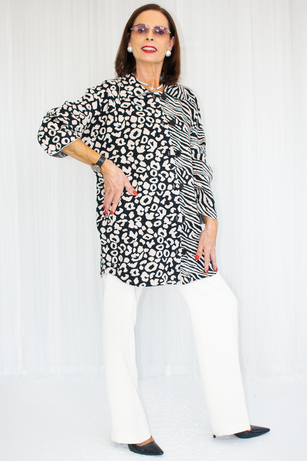 Kara Knitted Contrast Animal Print Oversized Shirt in Mono