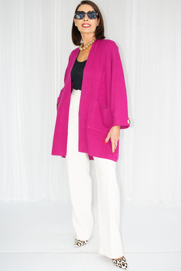 Diana Mid Length Knit Jacket with gold accents in Raspberry