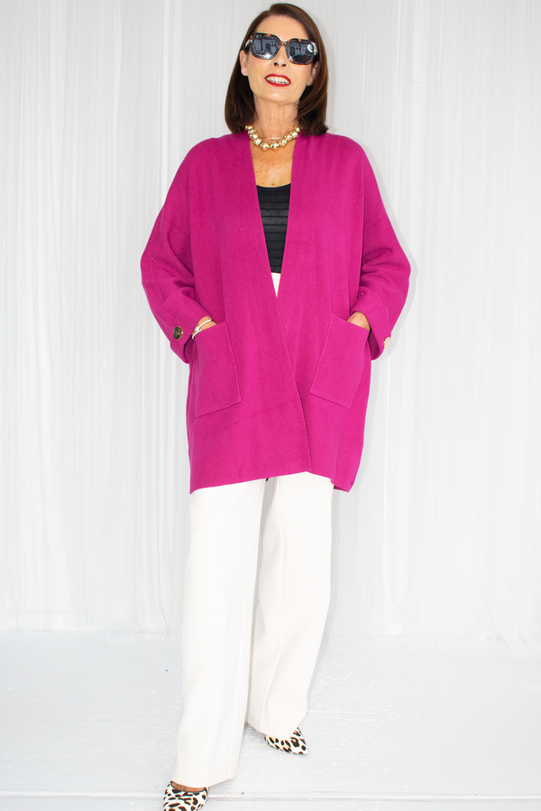 Diana Mid Length Knit Jacket with gold accents in Raspberry