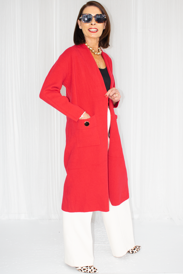 Claudia Longline Knit Jacket with gold accent in Red