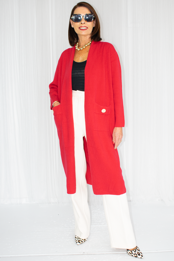 Claudia Longline Knit Jacket with gold accent in Red