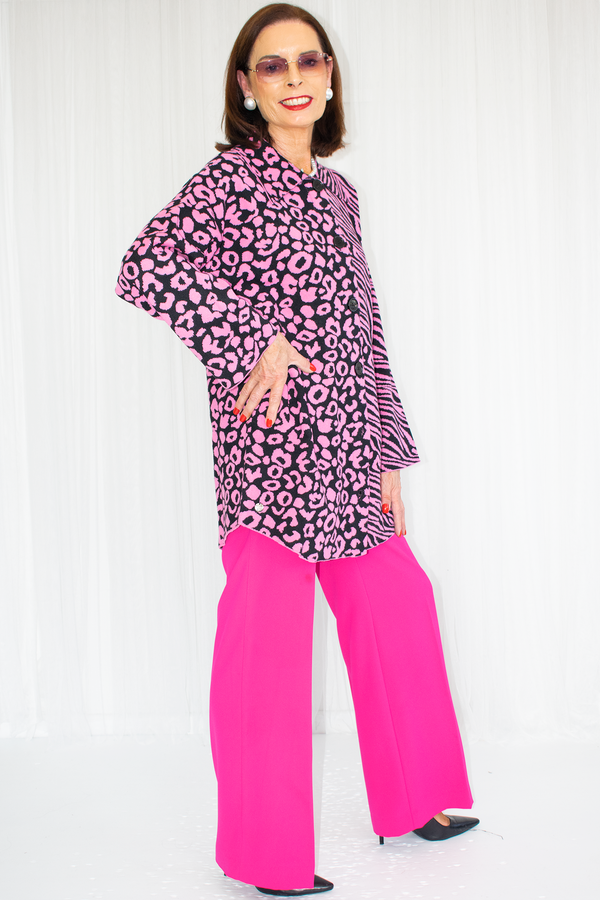 Kara Knitted Contrast Animal Print Oversized Shirt in Cerise Pink