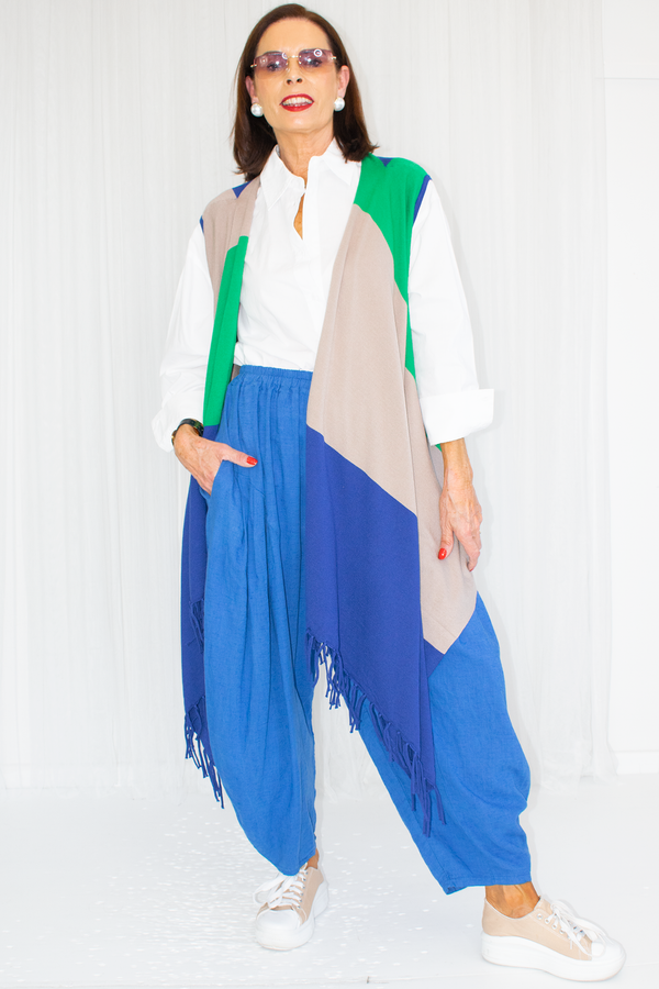 3-Tone Colour-block knitted sleeveless waistcoat in Blue/Green