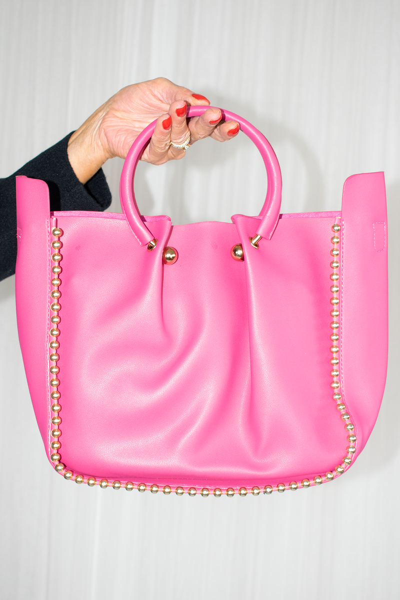 Ring Handle Studded Edging PU Bag in Candy Pink