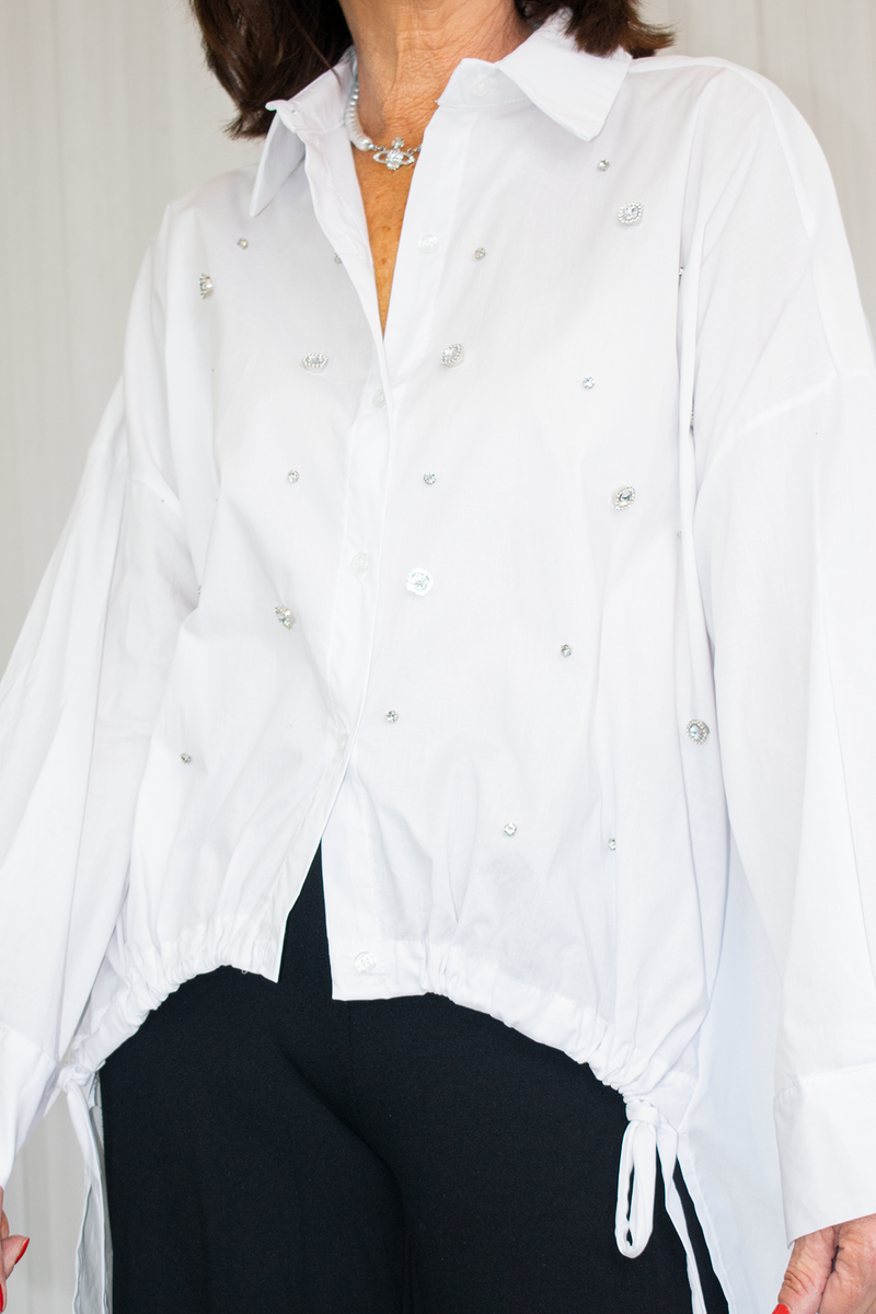 Eleanor Ruched  Diamante Shirt in White