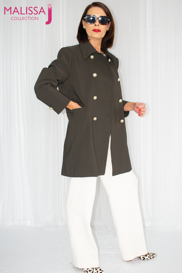 Bianca Military Style Collared Jacket with Gold Button in Khaki