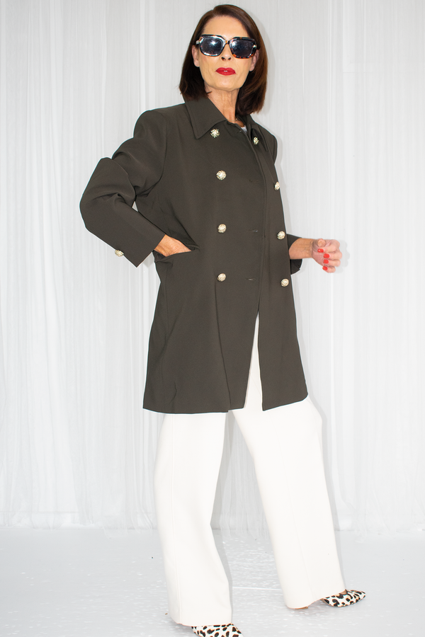 Bianca Military Style Collared Jacket with Gold Button in Khaki