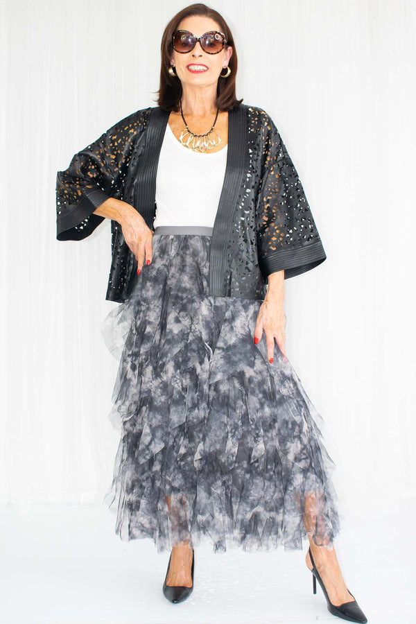 Charlotta Layered Tulle Skirt in Grey Abstract