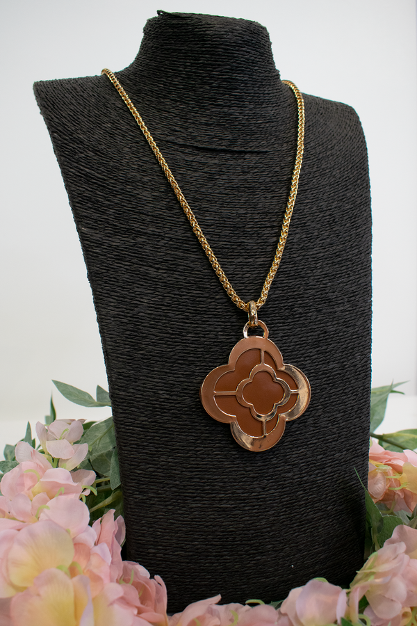 Geometric Clover Reversible Pendant Necklace in Tan