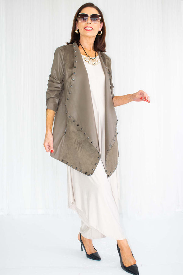 Luxury Seraphine Studded Longline Jacket in Mocha