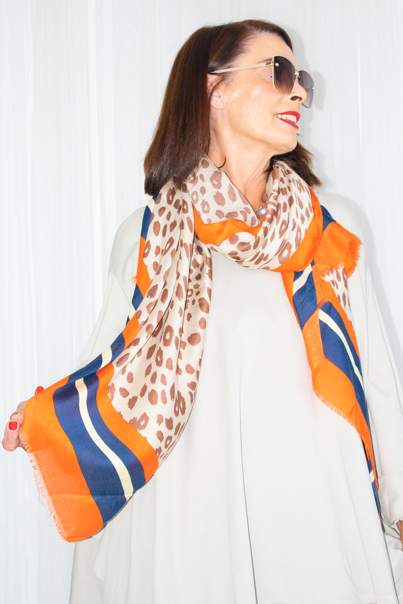 Animal Print Contrast Colour Scarf in Royal/Orange