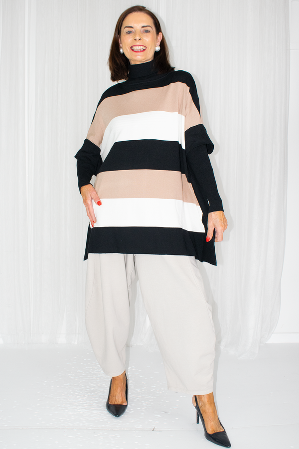 Trina Stripe Turtle Neck Knit in Black/Mocha