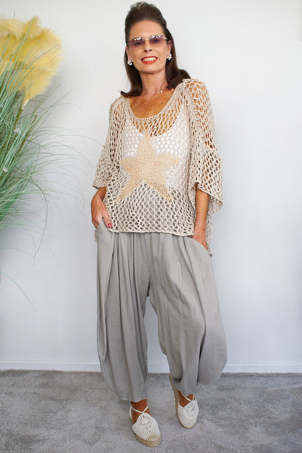 Sassy Star Crochet Knit in cream with gold star