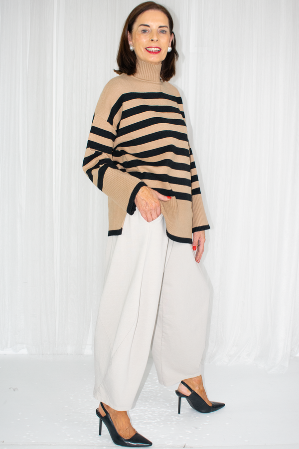 Mia Contrast Stripe Turle Neck Knit in Camel/Black