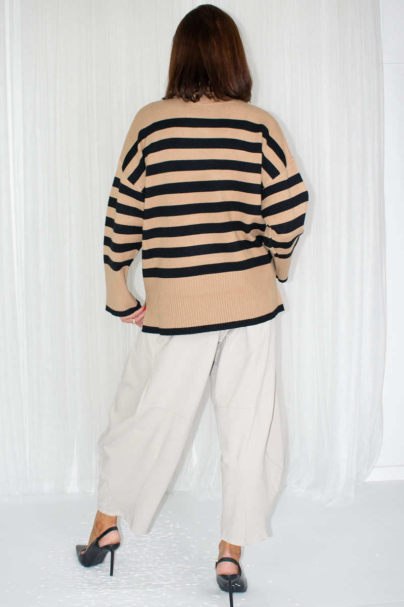 Mia Contrast Stripe Turle Neck Knit in Camel/Black