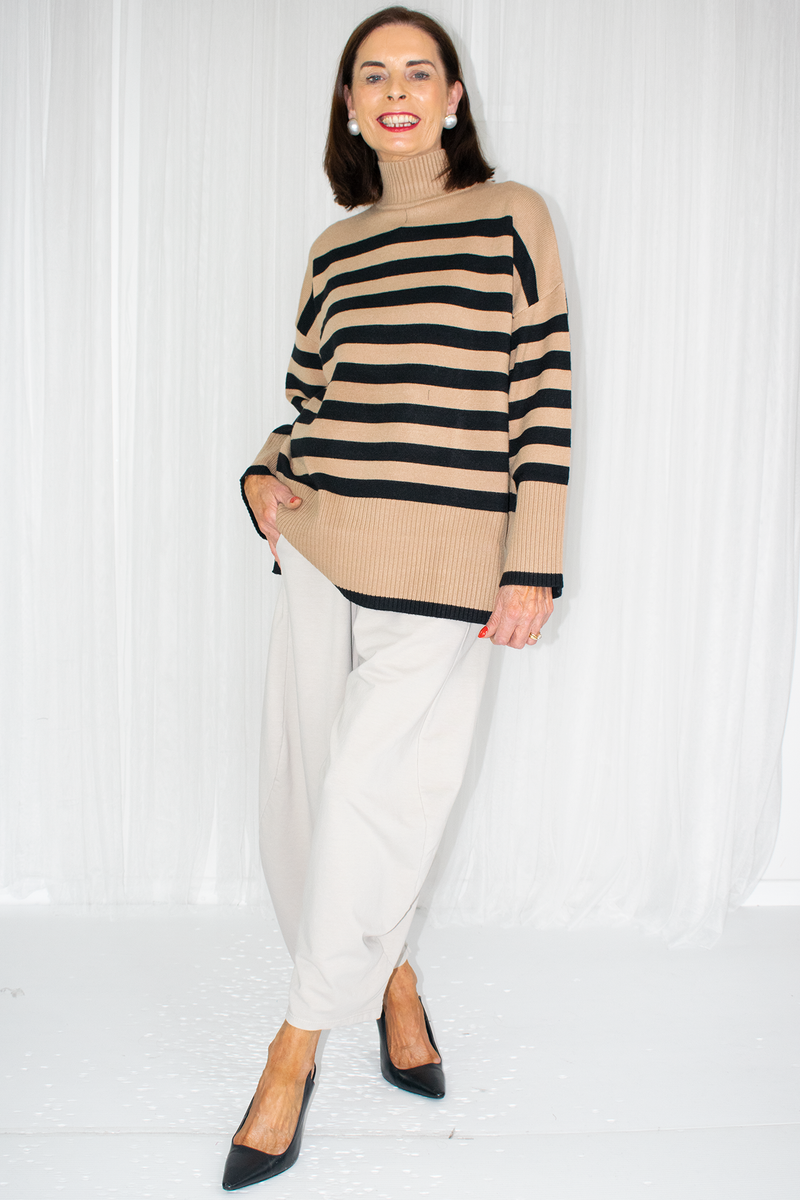 Mia Contrast Stripe Turle Neck Knit in Camel/Black