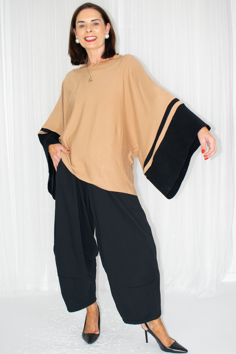 Jacqui-Ann Wide sleeve jumper with block stripe in Camel