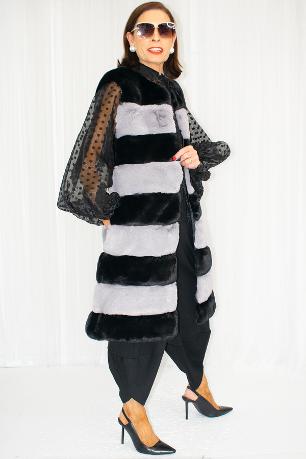 Priscilla Stripe Faux Fur Gilet in Black and Grey