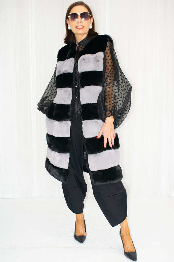 Priscilla Stripe Faux Fur Gilet in Black and Grey