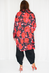 Allegra Oversized Printed satin shirt in Red Floral