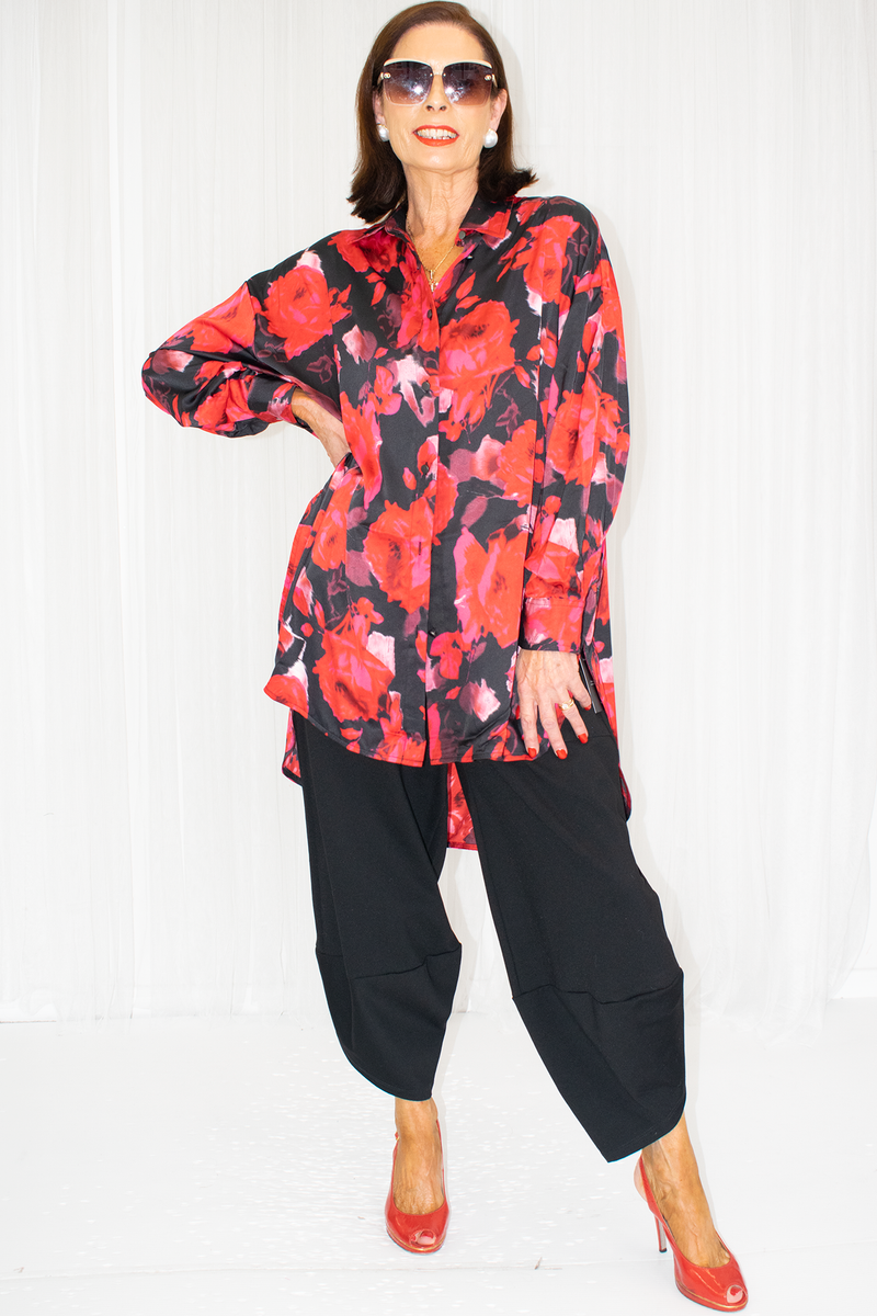 Allegra Oversized Printed satin shirt in Red Floral