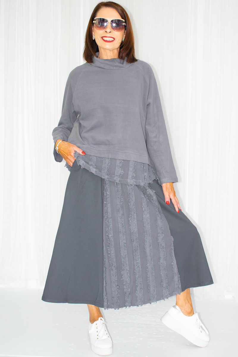 Noelle Mid Length Ruffle Front A-Line Skirt in Slate Grey