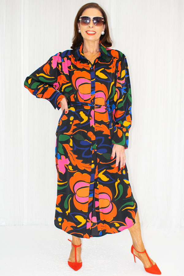 Anastasia Button through shirt dress in Vibrant Abstract