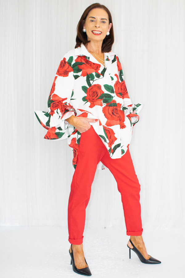 Portofino Ruffle Sleeve Shirt in Red Rose Print