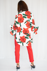 Portofino Ruffle Sleeve Shirt in Red Rose Print