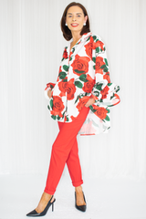 Portofino Ruffle Sleeve Shirt in Red Rose Print