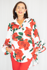 Portofino Ruffle Sleeve Shirt in Red Rose Print